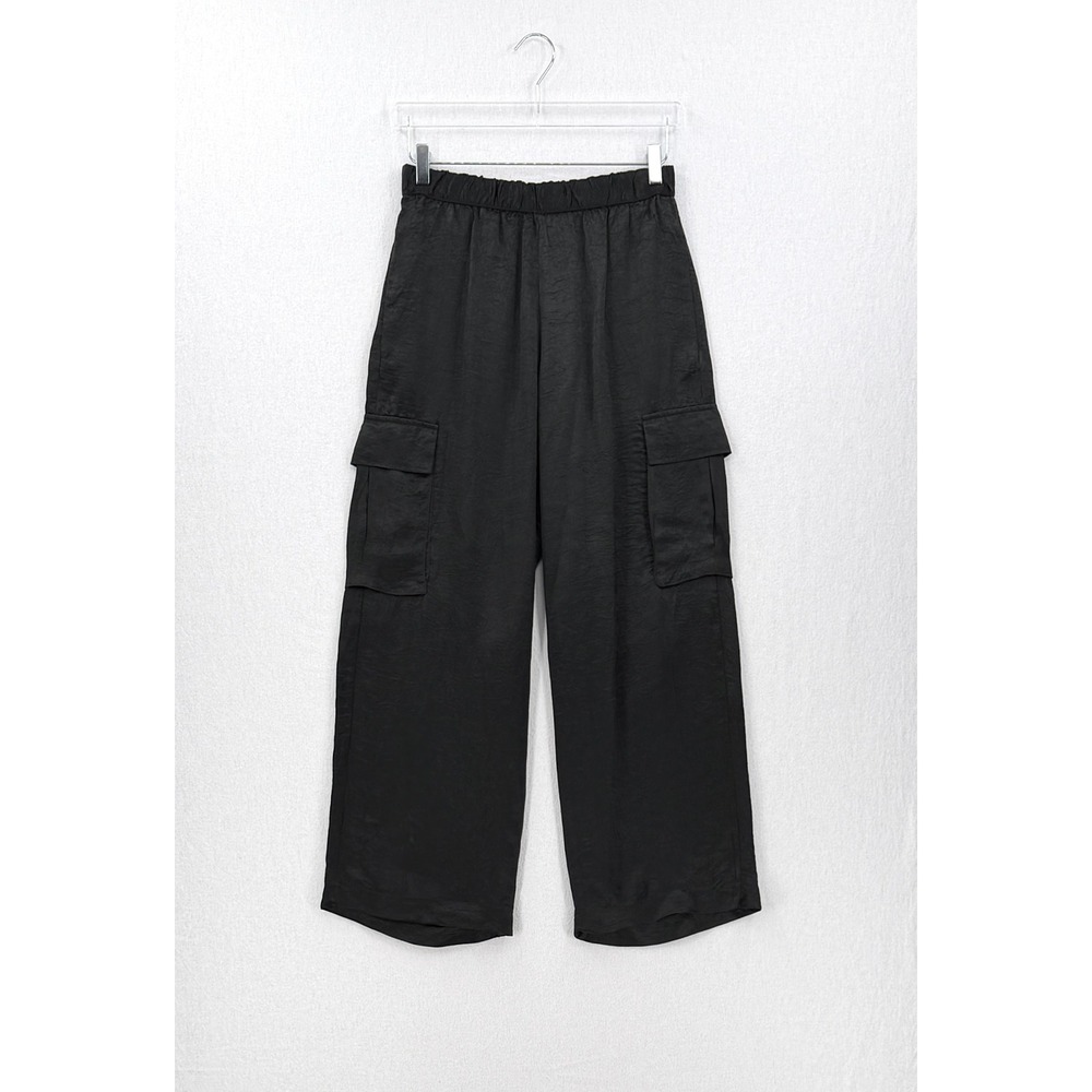 ENZA COSTA Textured Satin Cargo Pants Women Small Black Wide Leg Pull on Luxury - Picture 4 of 16